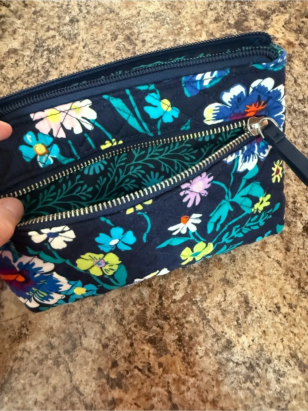 Vera Bradley Quilted Floral Wristlet Pouch Navy Blue Multi 8x6